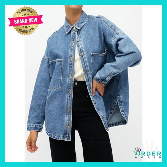 Oversized Denim Shirt Button Down Blouse Distressed Y2K Chic Fall Outfit - Picture 3 of 7